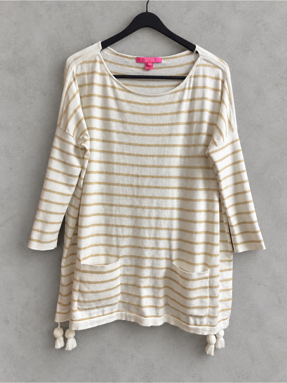 Lilly Pulitzer XS Ivory Gold Stripe Tassel Tunic Sweater Pockets